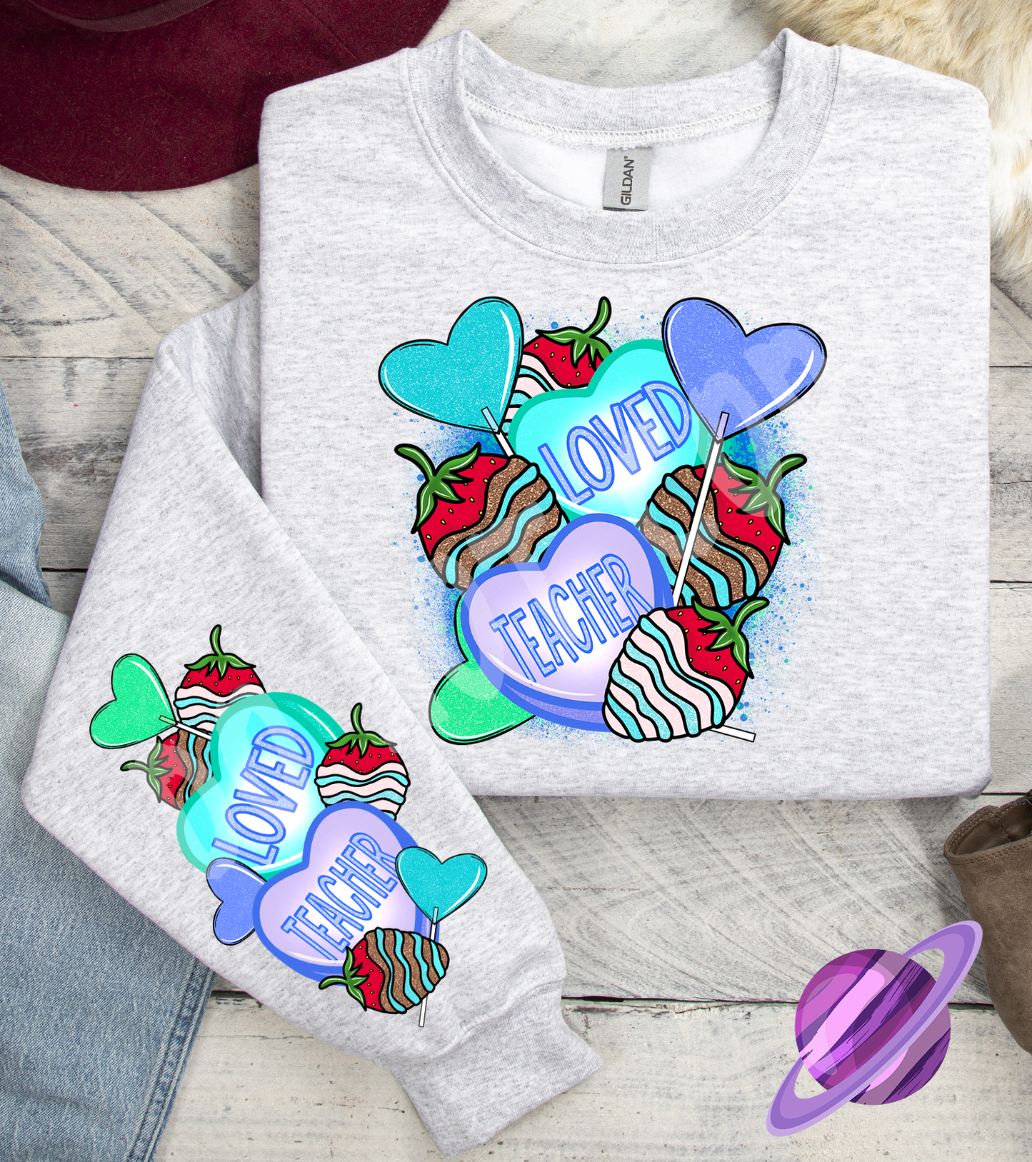 LOVED TEACHER BLUE CREWNECK SWEATSHIRT W/ SLEEVE