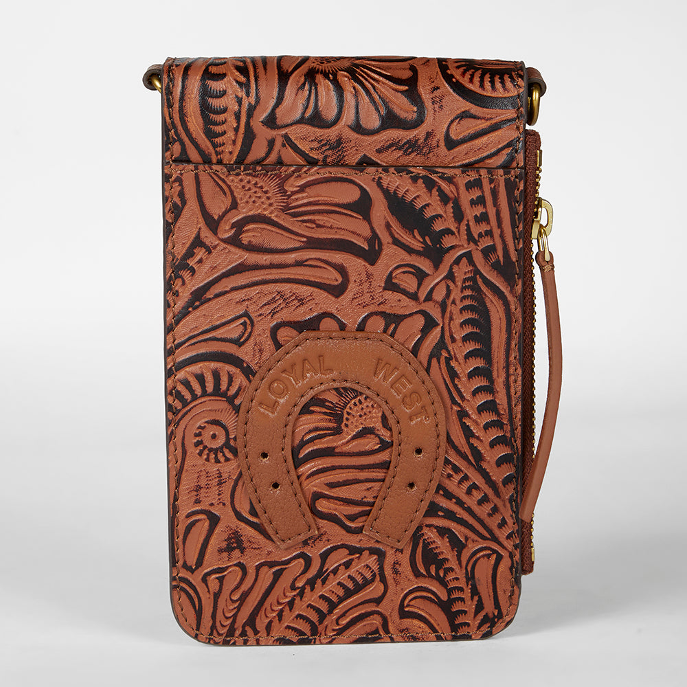 Loyal West SHELL PHONE BAG  IN HAND FINISHED EMBOSSED LEATHER - BROWN