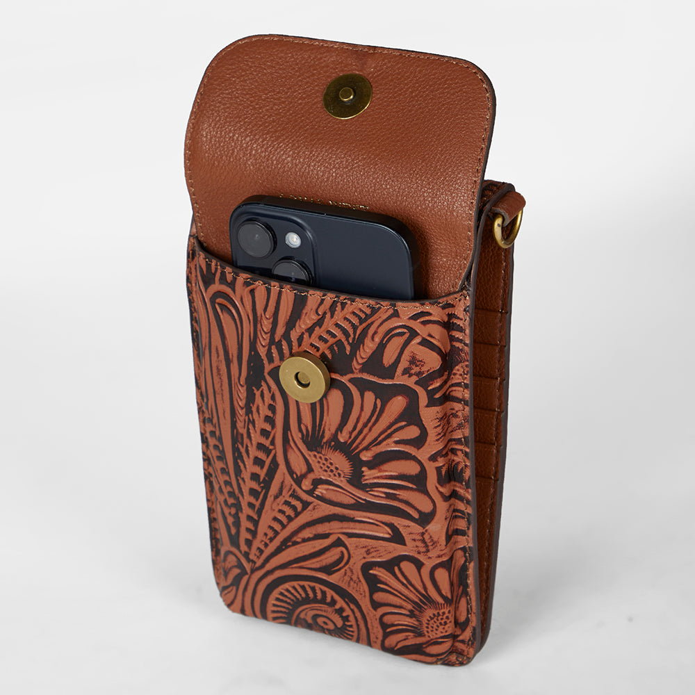 Loyal West SHELL PHONE BAG  IN HAND FINISHED EMBOSSED LEATHER - BROWN