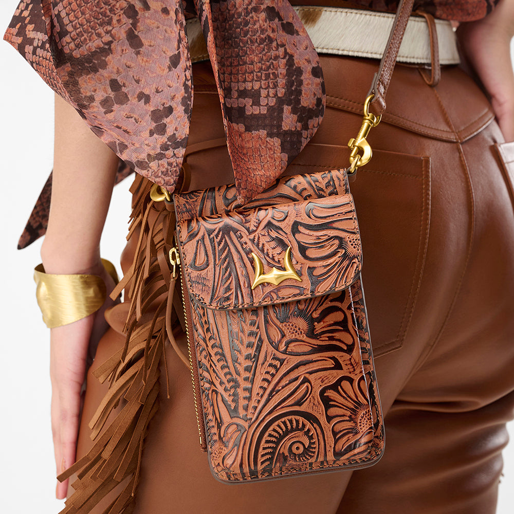 Loyal West SHELL PHONE BAG  IN HAND FINISHED EMBOSSED LEATHER - BROWN