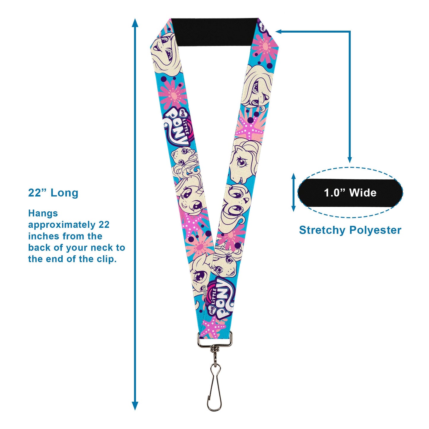 Lanyard - 1.0" - MY LITTLE PONY Pony Faces Flowers and Title Logo Blue/Pinks/White