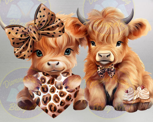 Leopard Love heart baby highland cows - diamond painting kit
