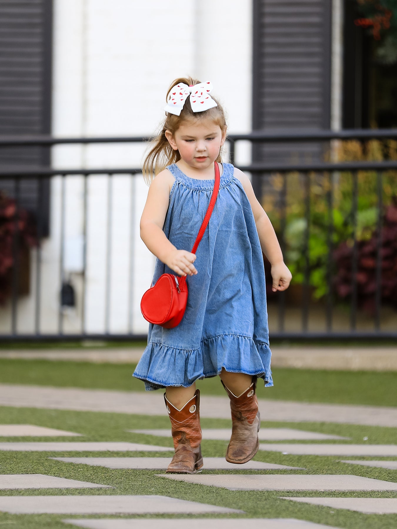 Girls Denim Ruffle Trim A-Line Dress