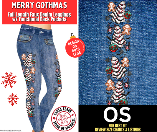 Merry Gothmas Faux Denim Fleece Leggings W/ Side Leg Designs