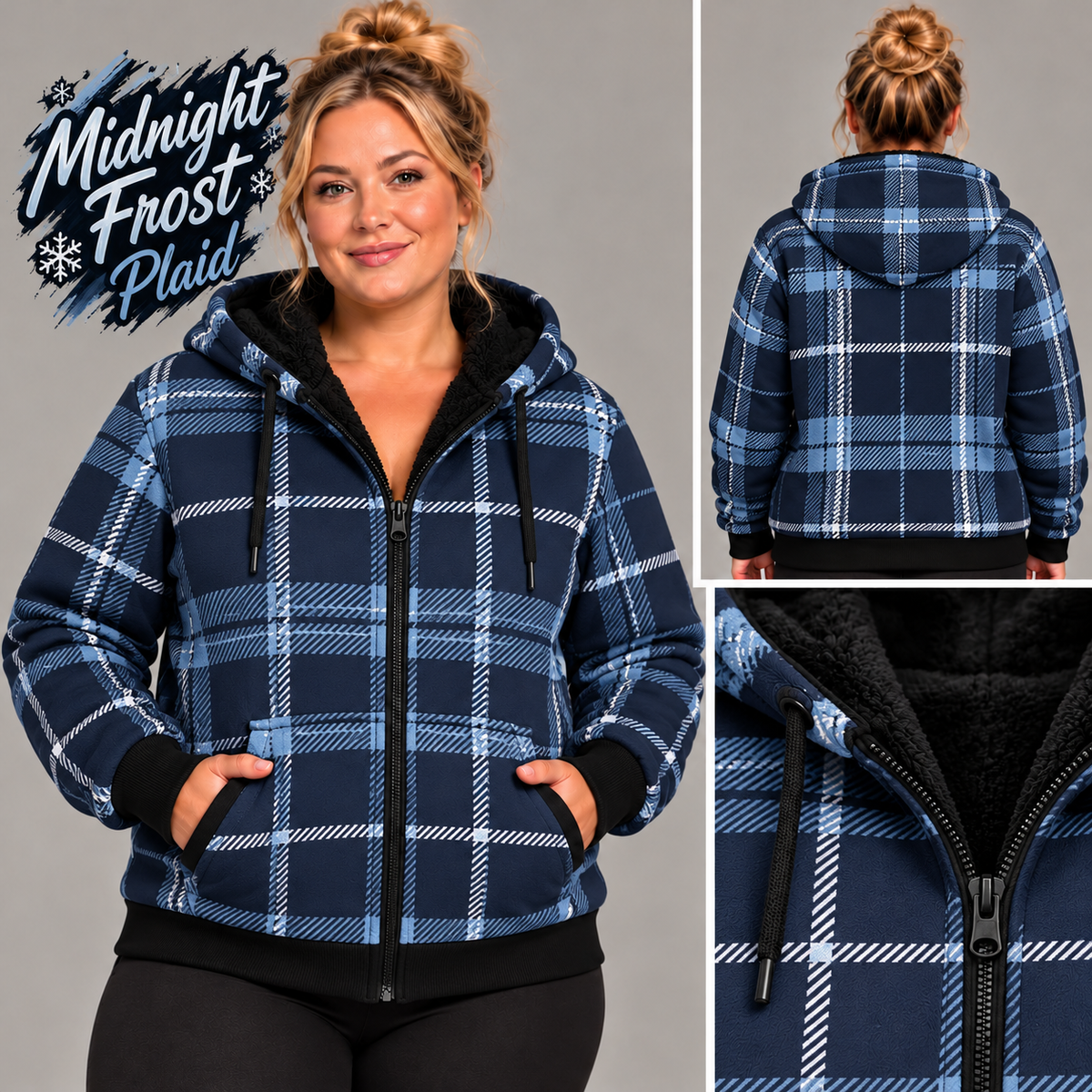 Midnight Frost Plaid-FLEECE LINED HOODED JACKET-PREORDER CLOSING 11/9, ETA LATE JAN.