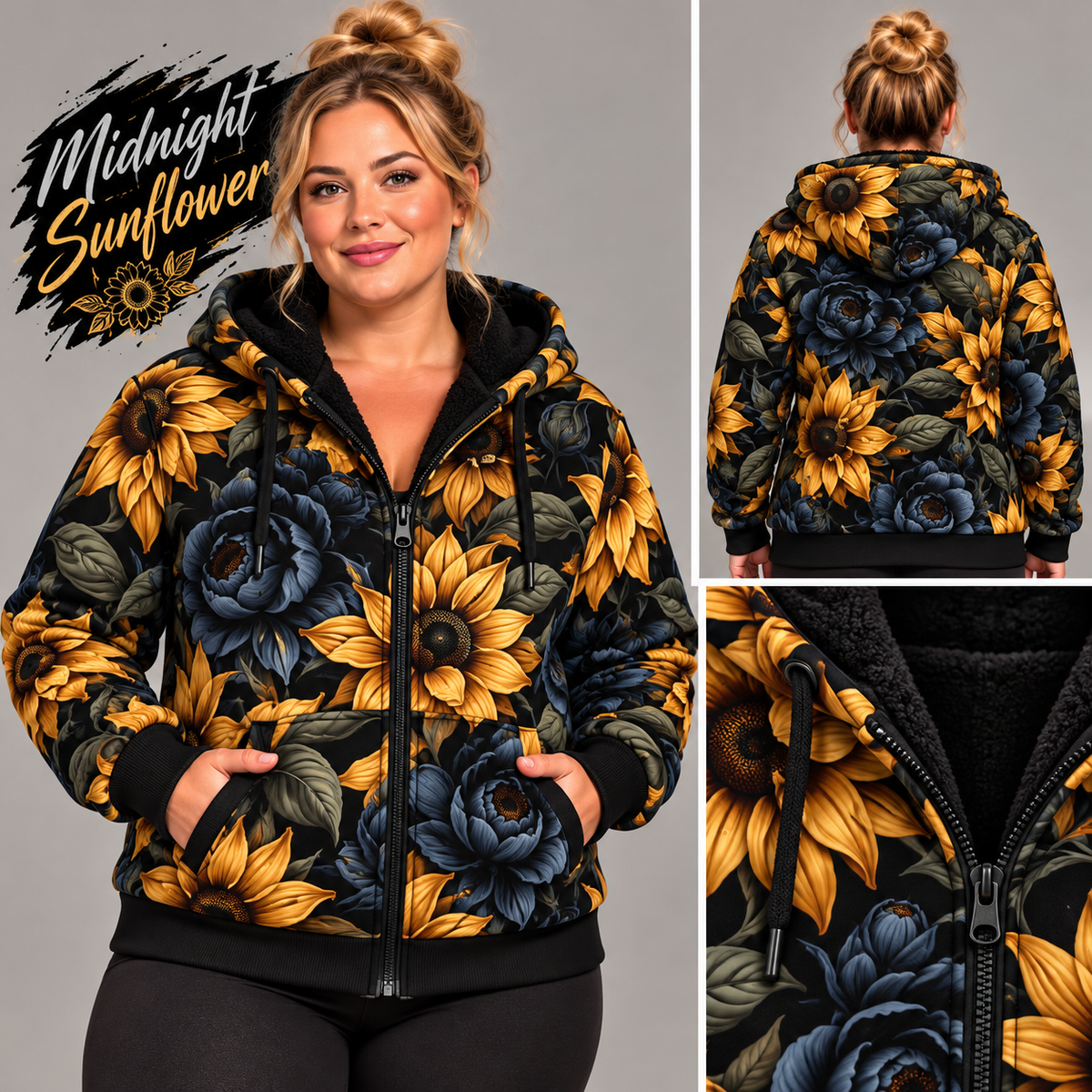 Midnight Sunflower-FLEECE LINED HOODED JACKET-PREORDER CLOSING 11/9, ETA LATE JAN.