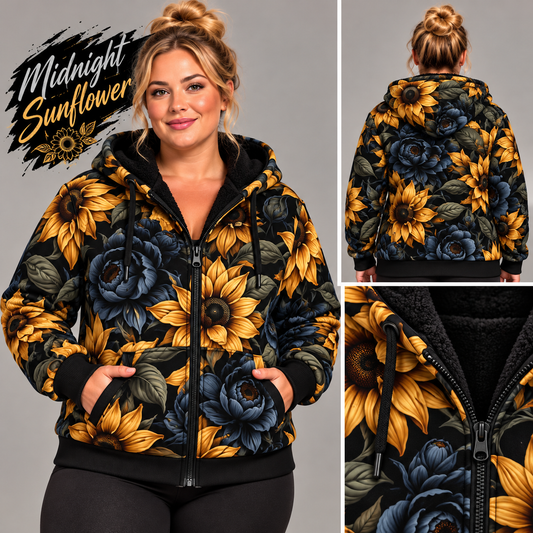 Midnight Sunflower-FLEECE LINED HOODED JACKET-PREORDER CLOSING 11/9, ETA LATE JAN.