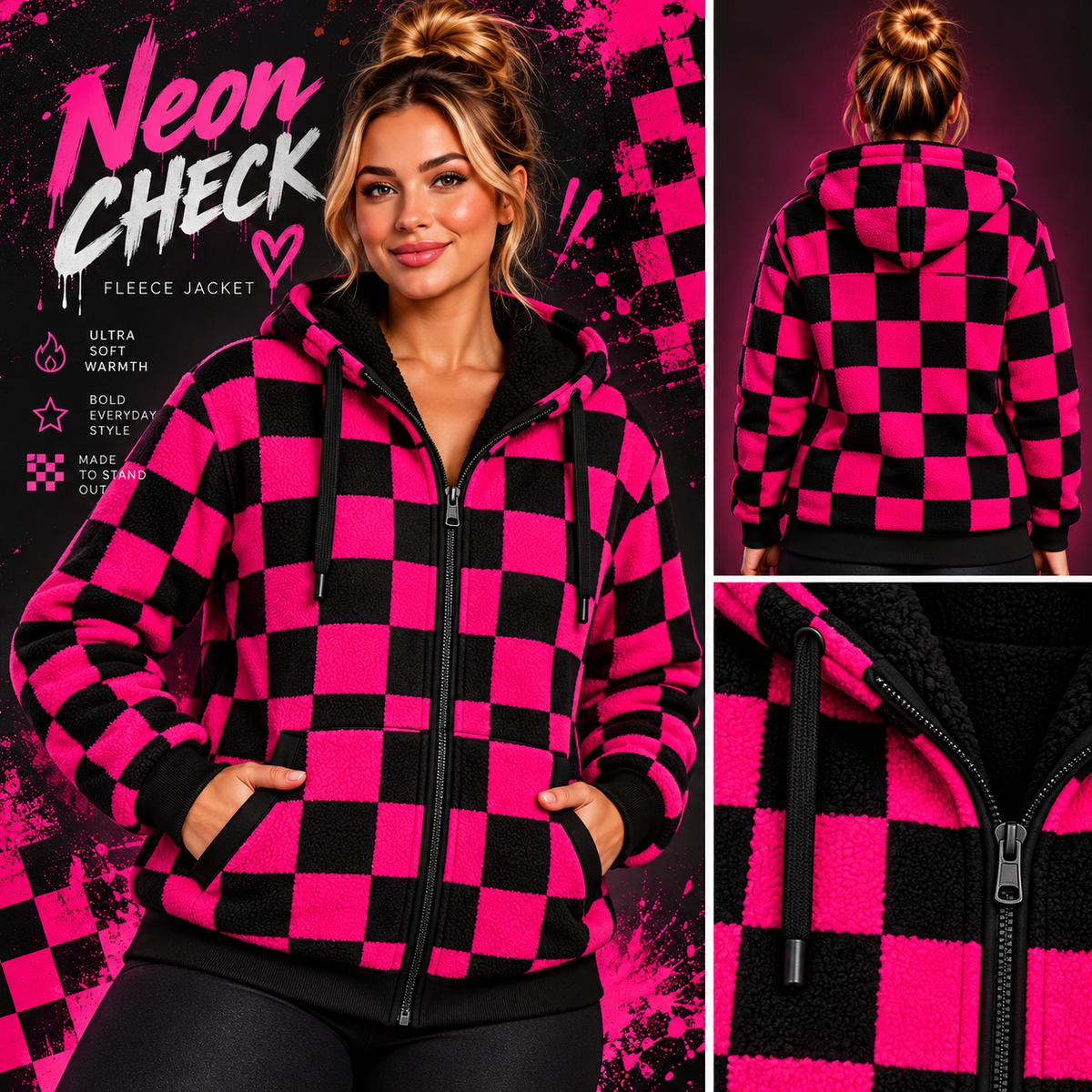 Neon Checkerboard-FLEECE LINED HOODED JACKET-PREORDER CLOSING 11/9, ETA LATE JAN.