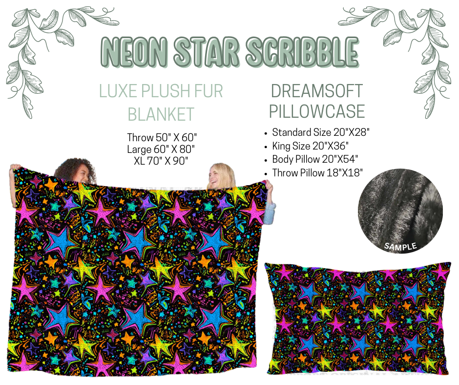 Preorder! Closes 10/9. ETA Dec. Neon Star Scribble Luxe Plush Fur Blanket and/or DreamSoft Pillowcase