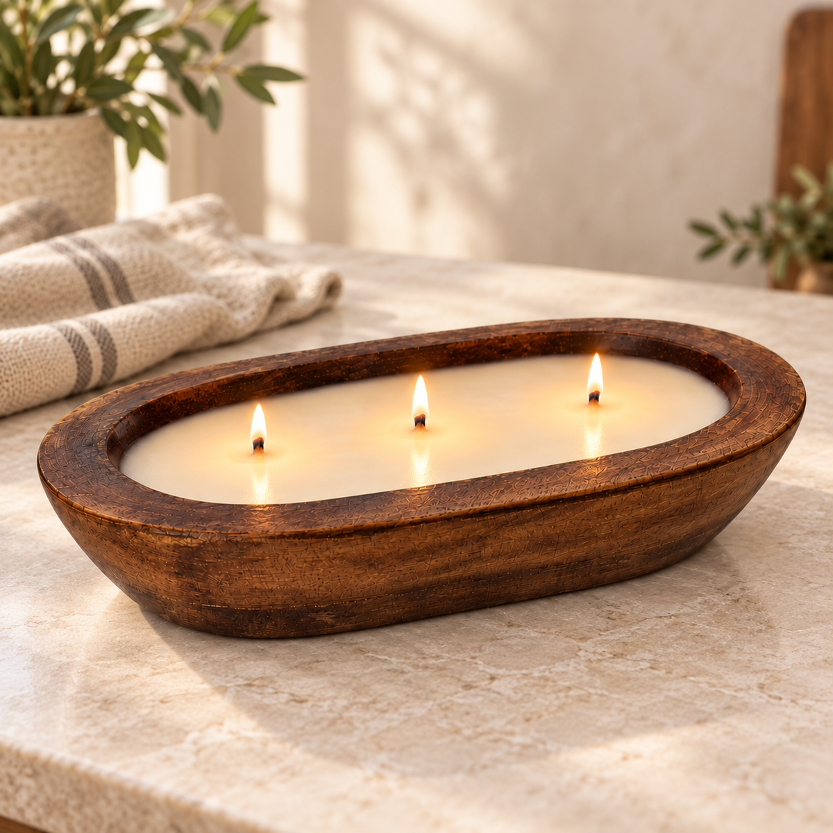 Christmas Hearth - 3 Wick Natural Wood Dough Bowl