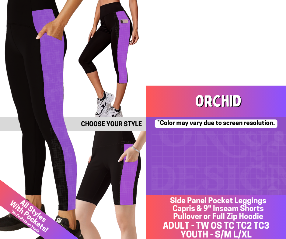 Preorder! Closes 3/25. ETA June. Orchid Combo Side Panel Legging Lengths
