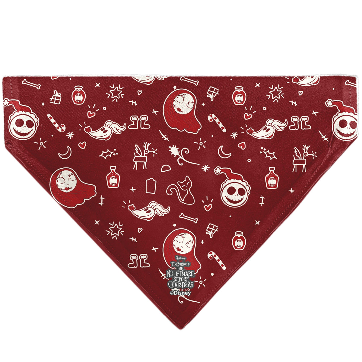 Pet Bandana - The Nightmare Before Christmas Jack and Zero CHRISTMAS CREW Pose with Icons Scattered White/Reds