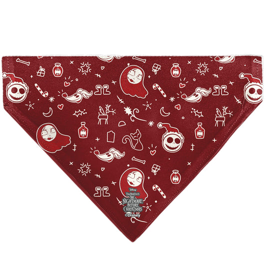 Pet Bandana - The Nightmare Before Christmas Jack and Zero CHRISTMAS CREW Pose with Icons Scattered White/Reds