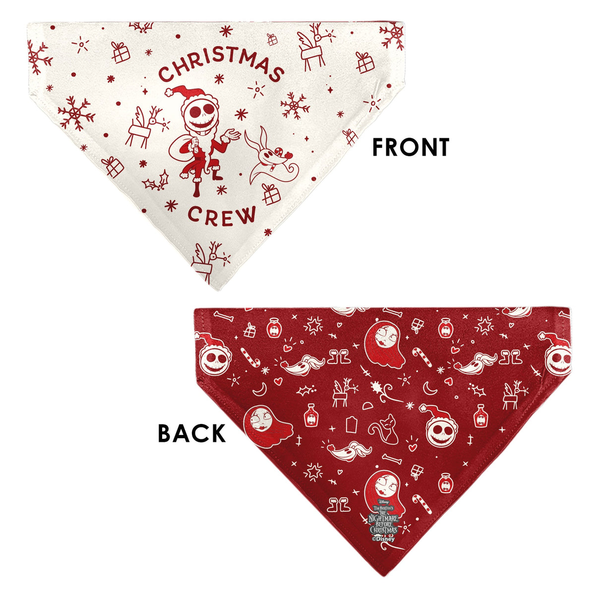 Pet Bandana - The Nightmare Before Christmas Jack and Zero CHRISTMAS CREW Pose with Icons Scattered White/Reds