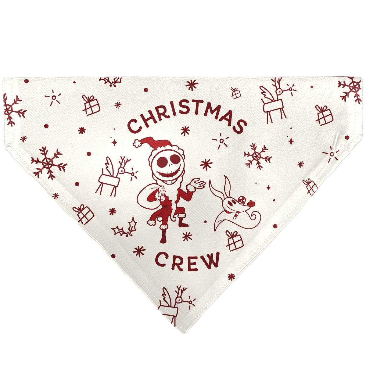 Pet Bandana - The Nightmare Before Christmas Jack and Zero CHRISTMAS CREW Pose with Icons Scattered White/Reds