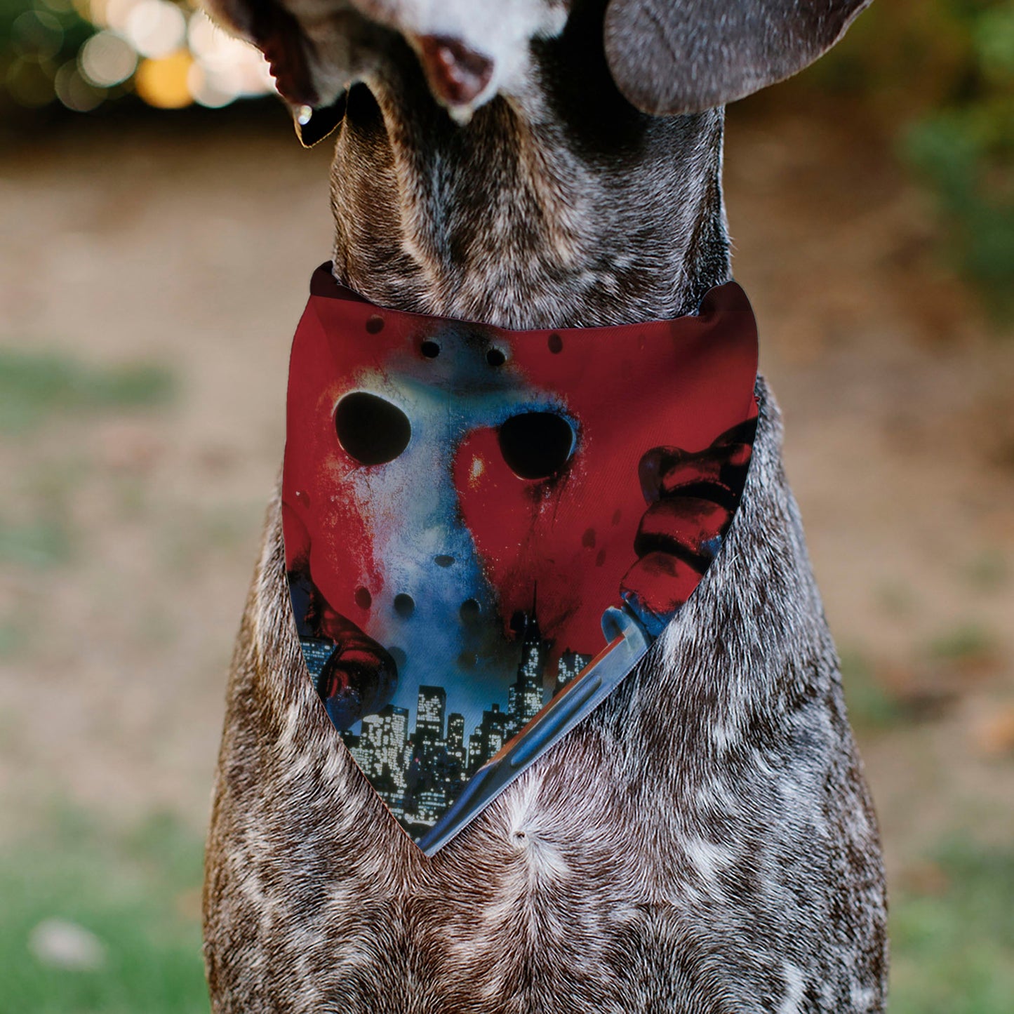 Pet Bandana - FRIDAY THE 13TH Jason Hockey Mask Cityscape and Title Logo Black/Red