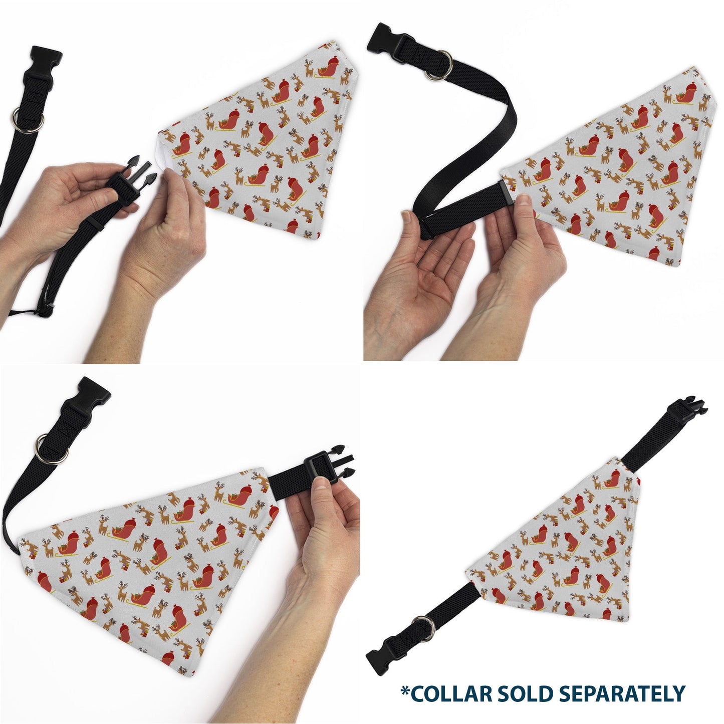 Pet Bandana - Holiday Santa Reindeers and Sleigh Collage White