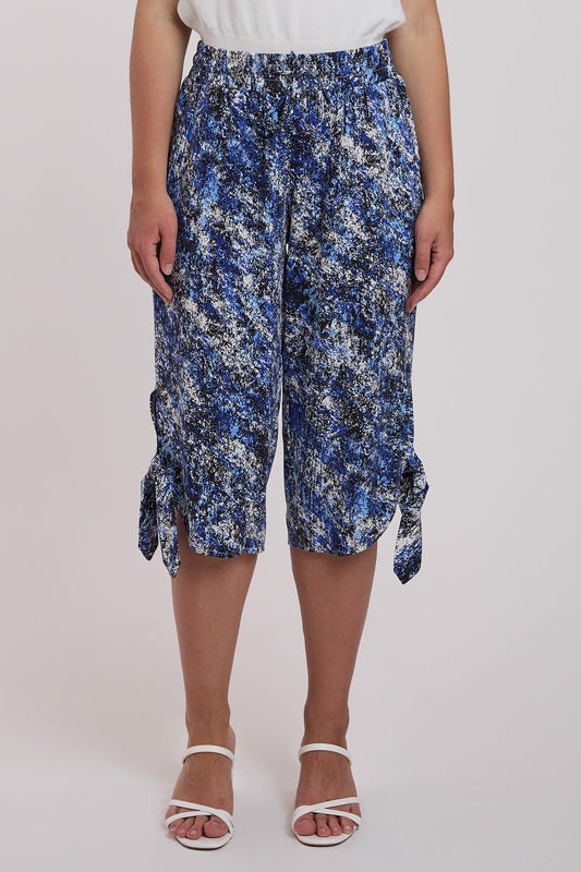 Women's Petite Linen Elastic Waist Capri Side Keyhole With Tie Hem