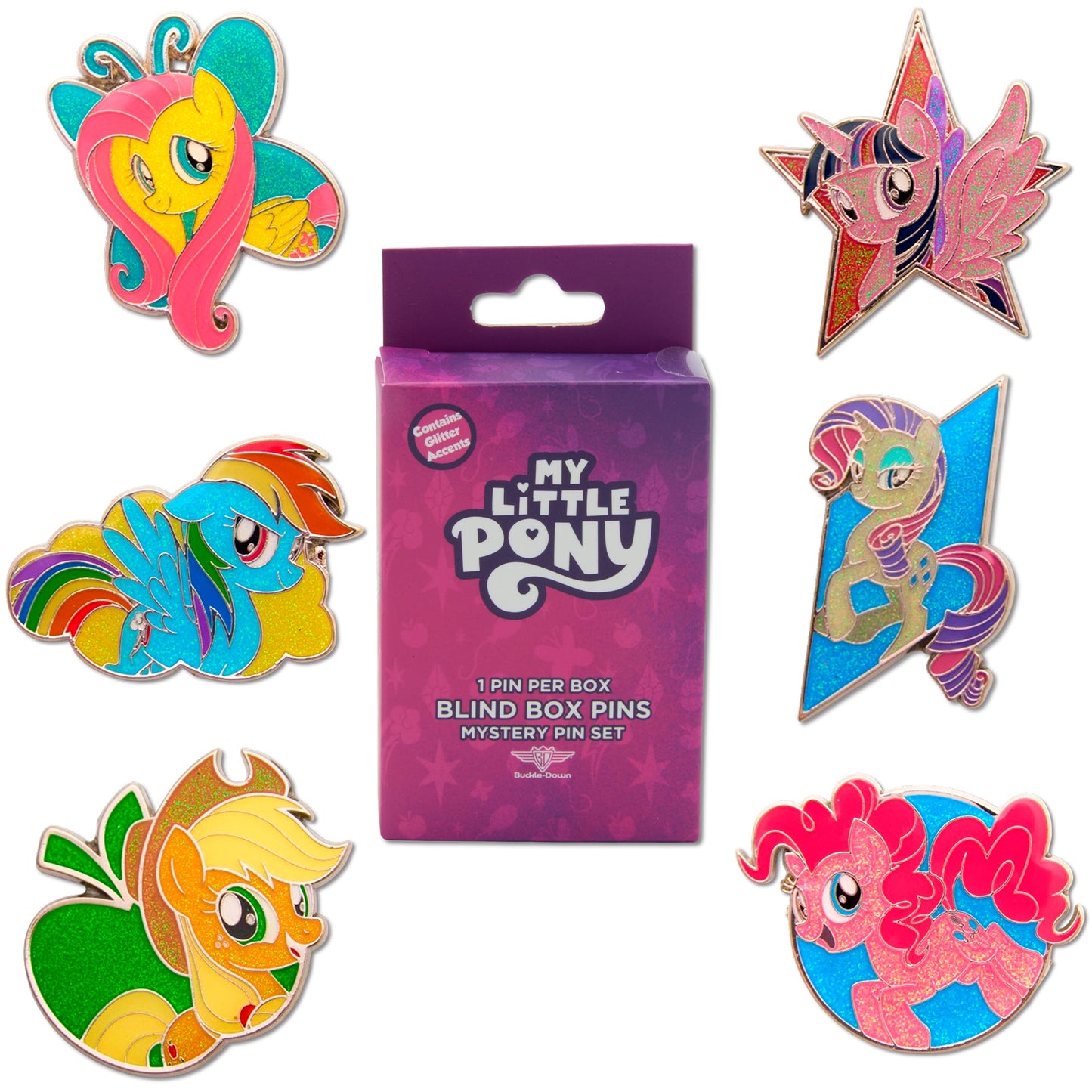 My Little Pony Mystery Enamel Pin Blind Box Series, Applejack, Fluttershy, Pinkie Pie, Rainbow Dash, Rarity, Twilight Sparkle
