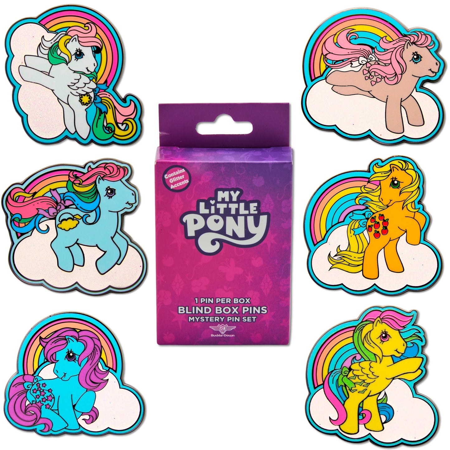 My Little Pony Mystery Enamel Pin Blind Box Series, Snuzzle, Applejack, Starshine, Blue Belle, Sunlight, or Skydancer