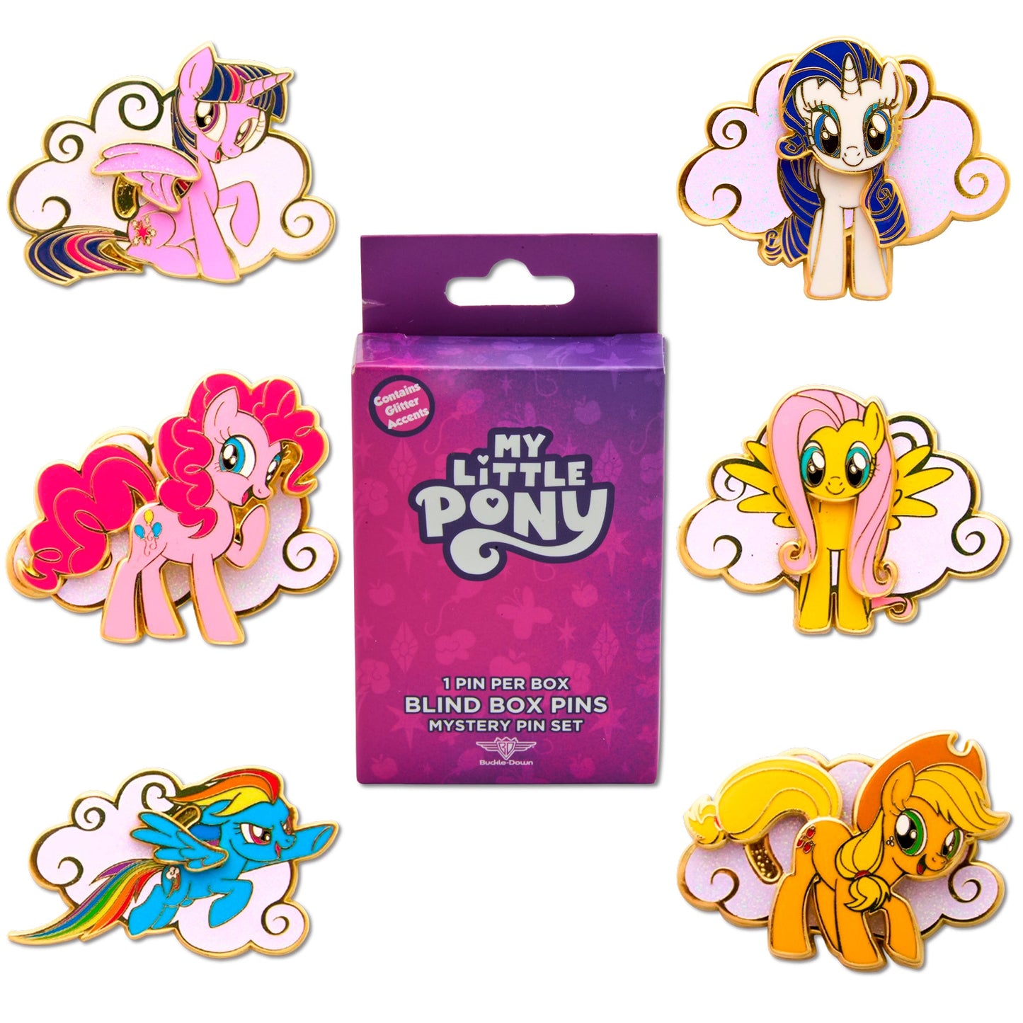 My Little Pony Interactive Mystery Enamel Pin Blind Box Series, Applejack, Fluttershy, Pinkie Pie, Rainbow Dash, Rarity, Twilight Sparkle