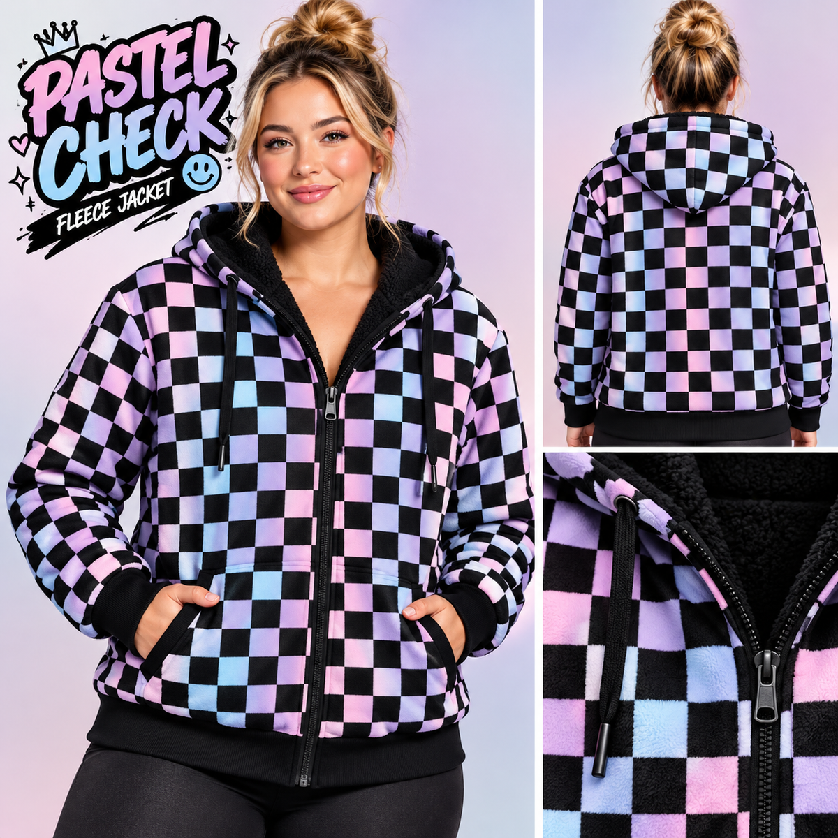 Pastel Check-FLEECE LINED HOODED JACKET-PREORDER CLOSING 11/9, ETA LATE JAN.