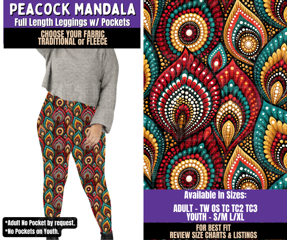 Preorder! Closes 8/5. ETA Nov. Peacock Mandala Leggings Choose Fleece or Traditional