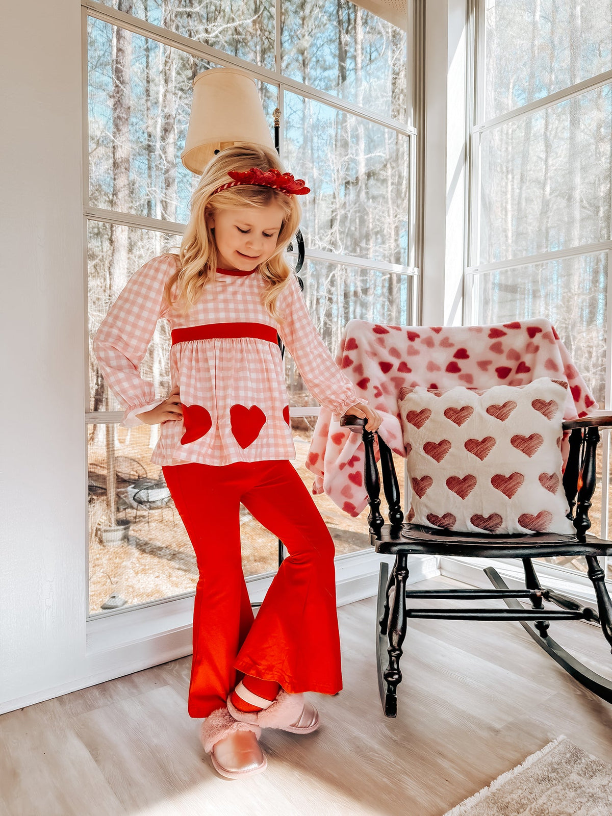 Girls Valentine's Day Heart Applique Plaid Outfits Set