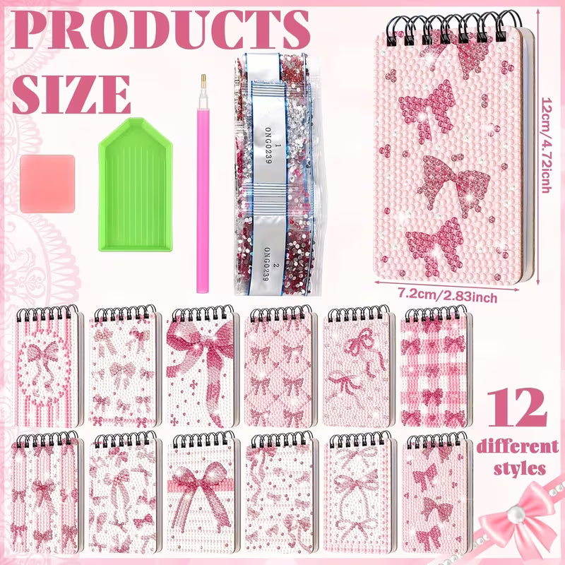 12pk Pink Bow Mini Diamond Art Notebooks