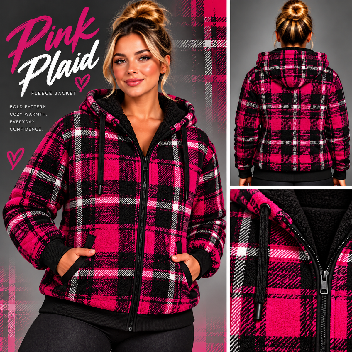 Pink Plaid-FLEECE LINED HOODED JACKET-PREORDER CLOSING 11/9, ETA LATE JAN.