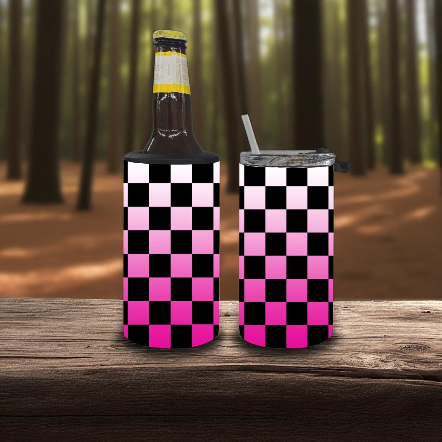 Pink Fade Checker 4-in-1 Can Cooler Cup