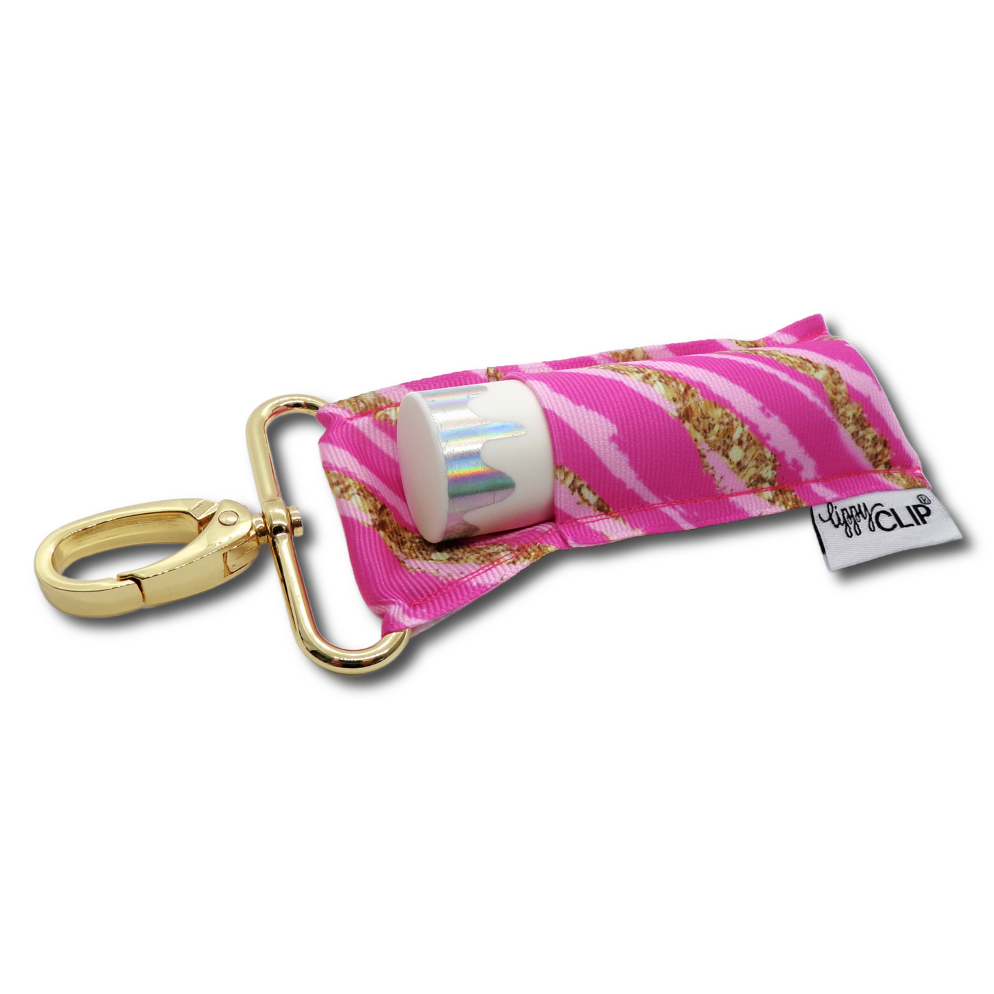 Pink and Gold Stripe LippyClip KISS for larger lip balms, essential oil rollers, etc.