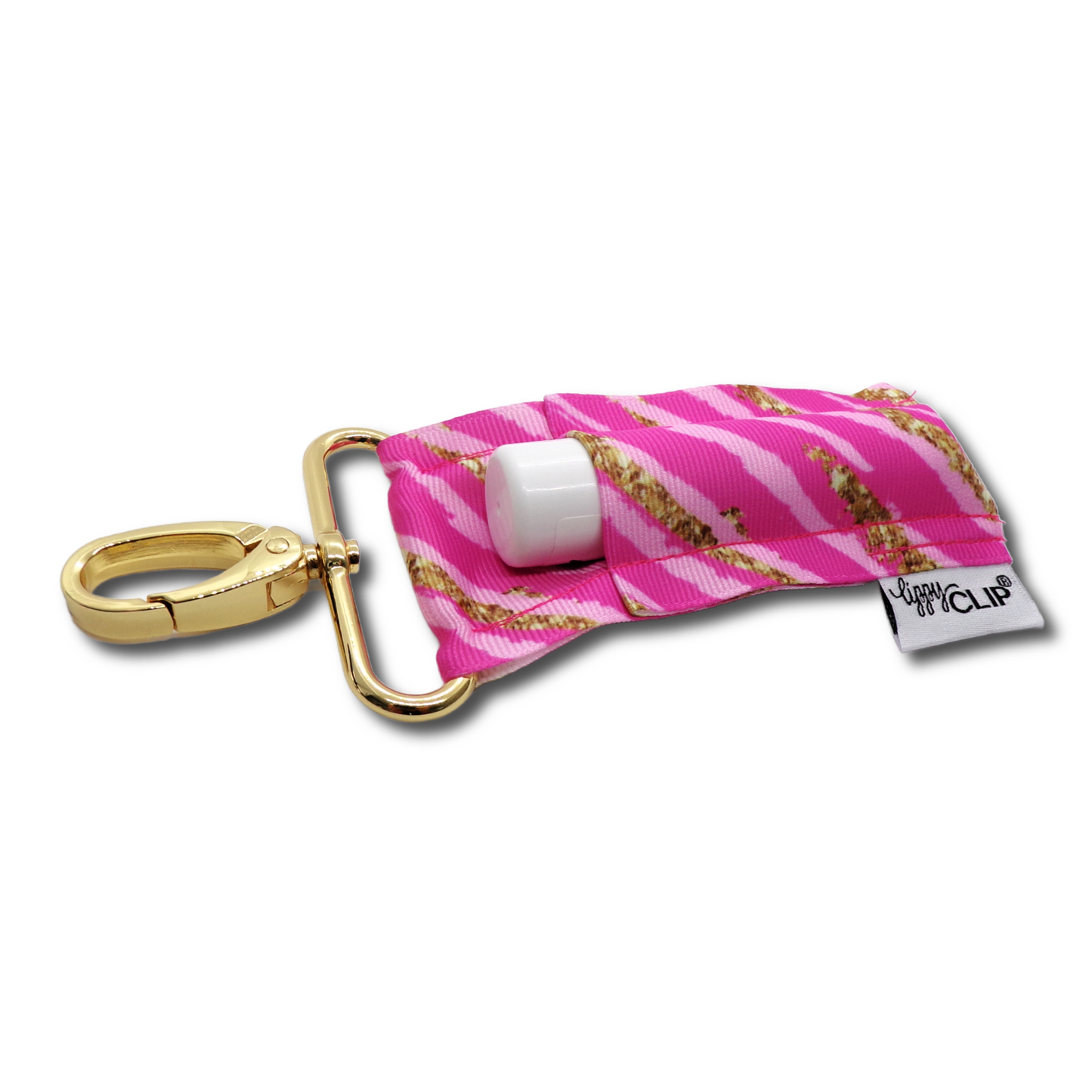 Pink and Gold Stripe LippyClip KISS for larger lip balms, essential oil rollers, etc.