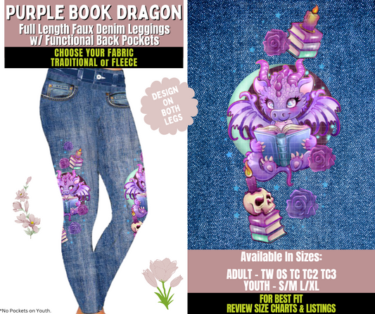 Preorder! Closes 10/8. ETA Dec. Purple Book Dragon Leggings w/ Side Leg Designs Choose Fleece or Traditional