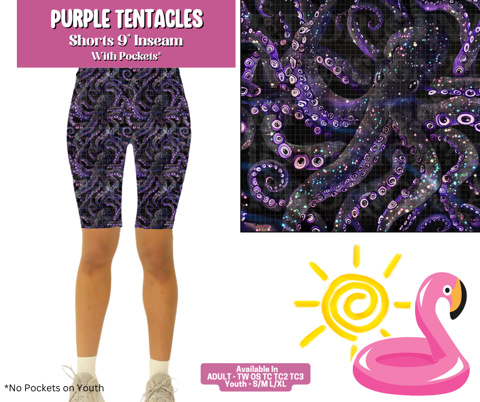 Preorder! Closes 5/6. ETA August. Purple Tentacles 9" Inseam Shorts w/wo Pockets