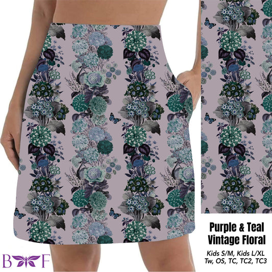 Purple & Teal Vintage Floral leggings, capris and Skorts