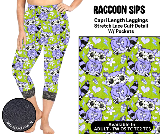Preorder! Closes 5/12. ETA August. Raccoon Sips Lace Cuff Capris w/ Pockets