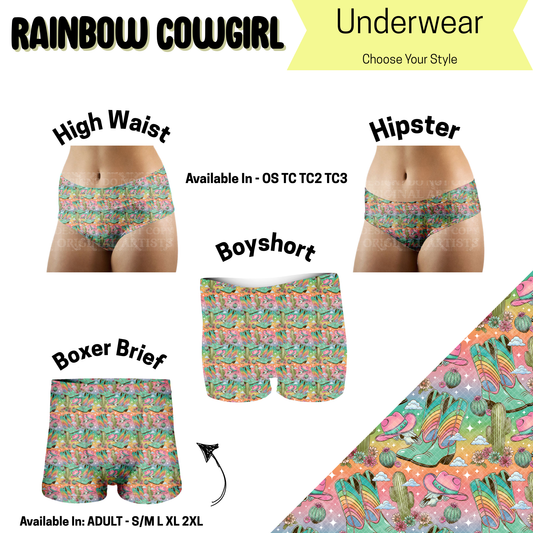 Preorder! Closes 5/14. ETA August. Rainbow Cowgirl Hipster, High Waist, & Boyshort Underwear & Boxer Briefs