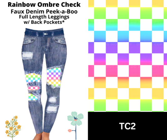 Rainbow Ombre Check Faux Denim Full Length Peekaboo Leggings