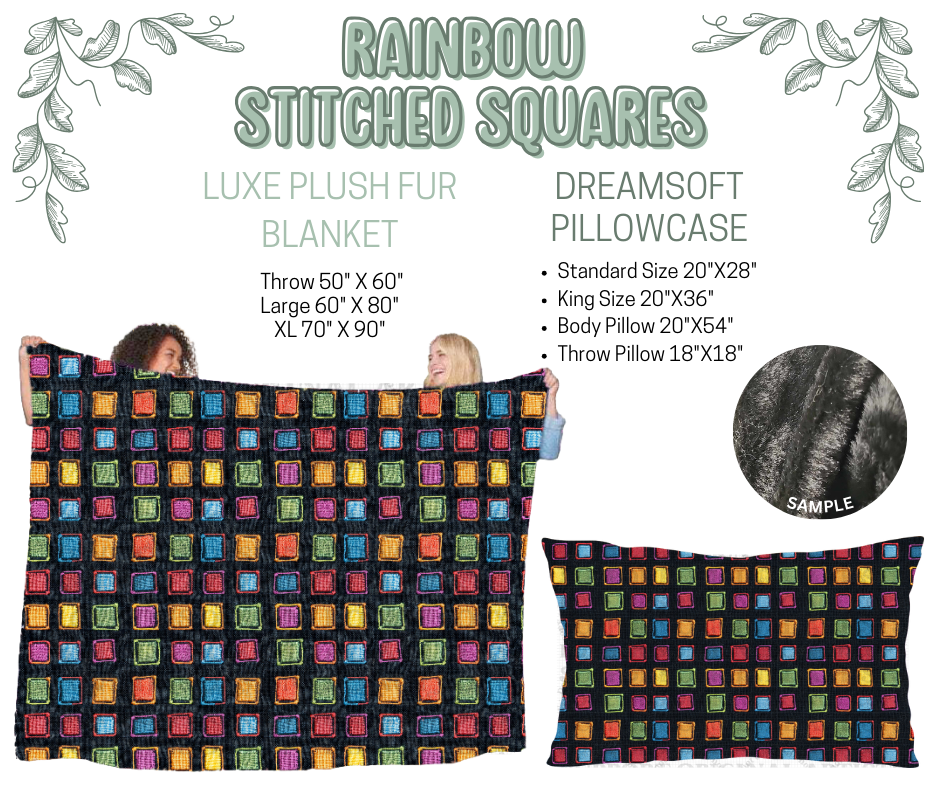Preorder! Closes 10/9. ETA Dec. Rainbow Stitched Squares Luxe Plush Fur Blanket and/or DreamSoft Pillowcase