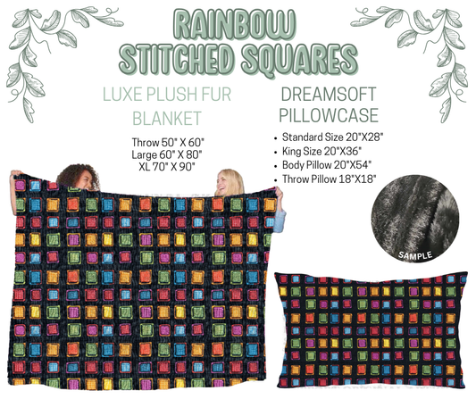 Preorder! Closes 10/9. ETA Dec. Rainbow Stitched Squares Luxe Plush Fur Blanket and/or DreamSoft Pillowcase