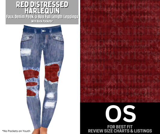Red Distressed Harlequin Faux Denim Full Length Peekaboo Leggings