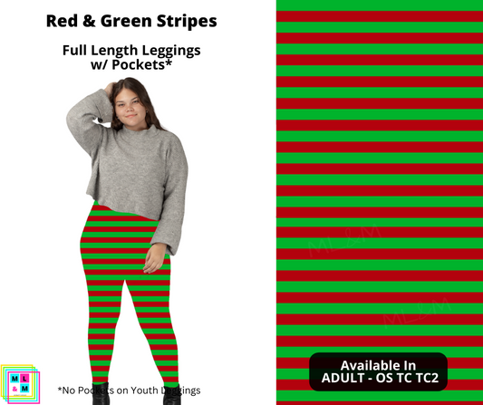 Red & Green Stripes Full Length Leggings w/ Pockets