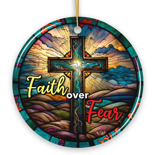 Religious Cross Jesus Stained Glass Art Ornament with Faith over Fear Quote