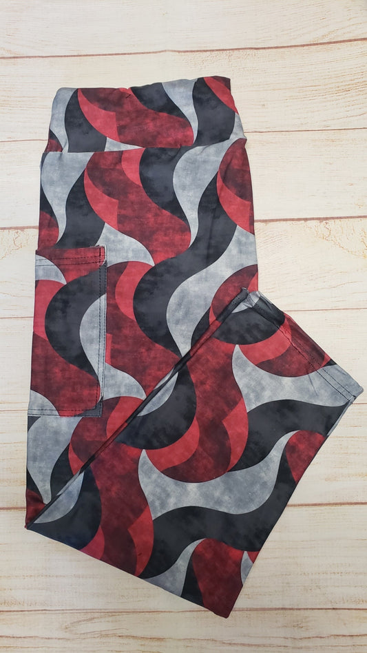 Burgundy, black, and Grey waves capris and skorts with pockets