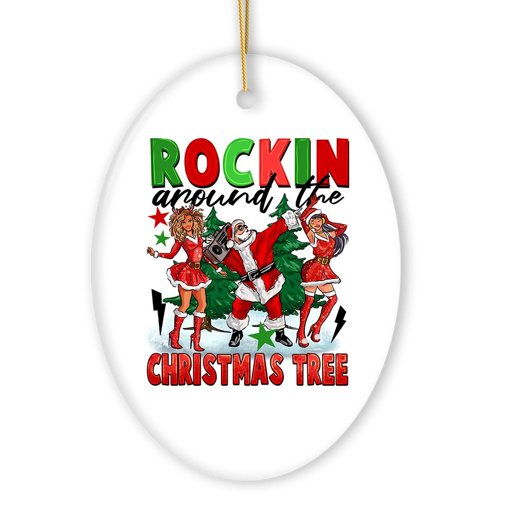 Rockstar Dancing Santa and the Ladies Cool and Funny Ornament, Rockin Around the Christmas Tree