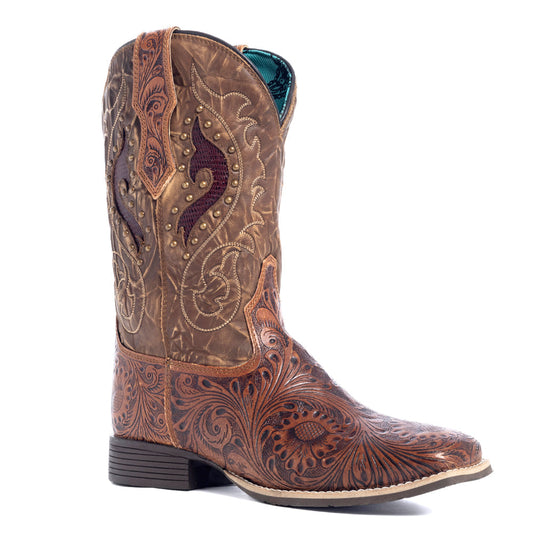 Myra Gianna Hand-Tooled Leather Boots for Women â€“ Studded Mid-Calf Western Brunch Heels with Embroidered Floral Designs