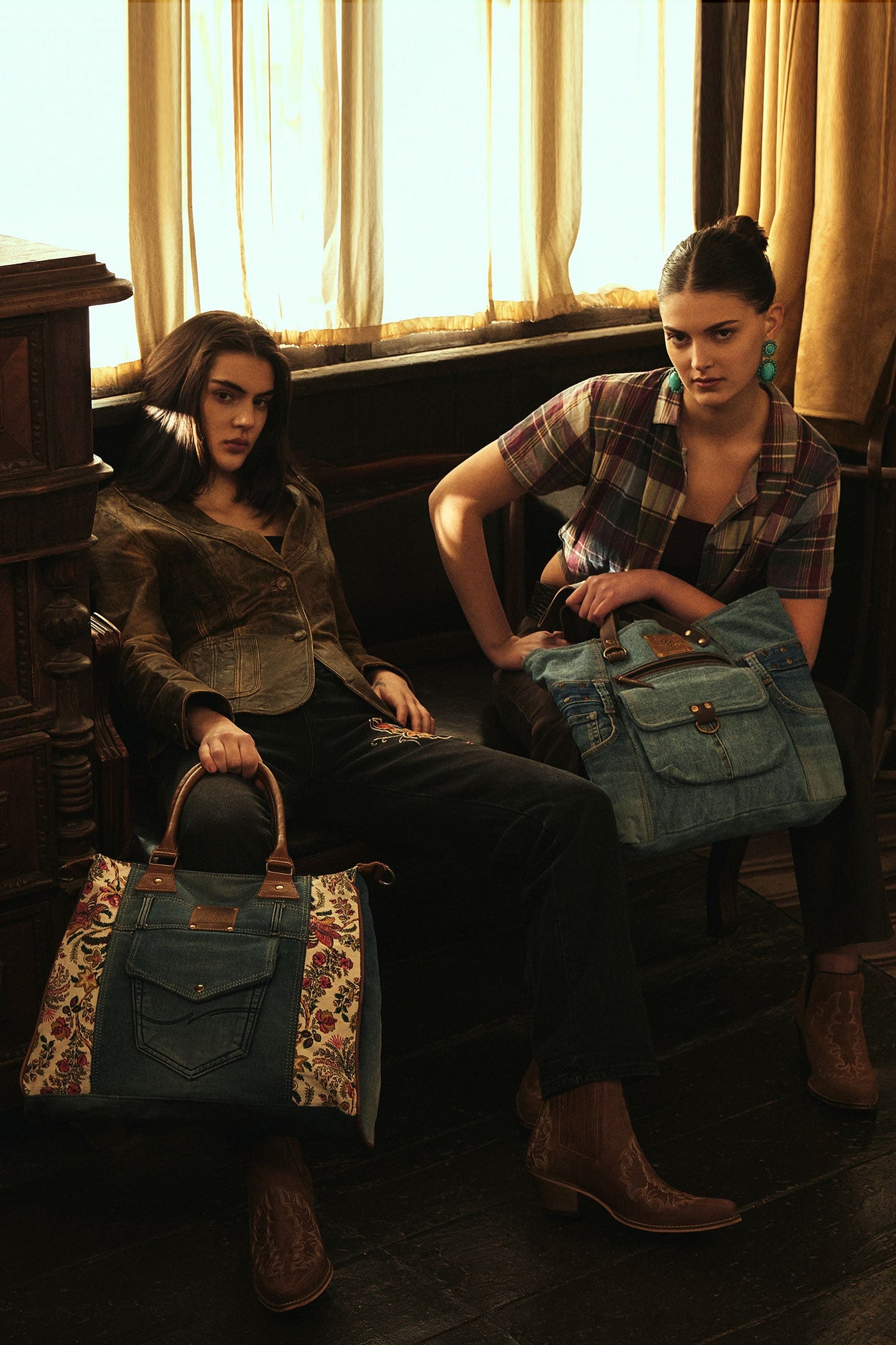 Myra Crimson Glade Floral Canvas Tote Bag - Dual Handle Leather Strap Upcycled Denim Bag for Fun Outings