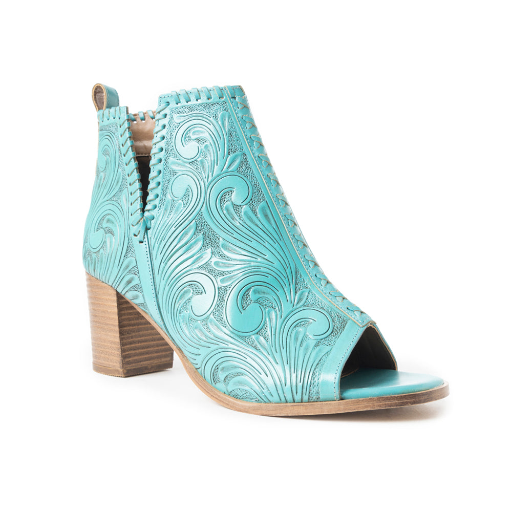 Myra Persimmonee Embossed Leather Heels for Women – Open Toe, Mid Block Heel, Western Cowgirl Fashion for Rodeo Evenings