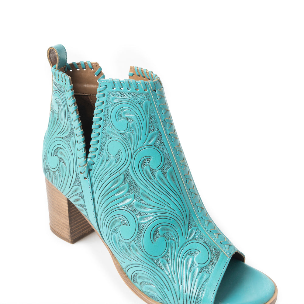 Myra Persimmonee Embossed Leather Heels for Women – Open Toe, Mid Block Heel, Western Cowgirl Fashion for Rodeo Evenings